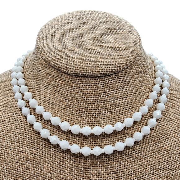 Mid Century Milk Glass Faceted Bead Necklace 31" Wear Long or Doubled as Choker - Picture 3 of 6